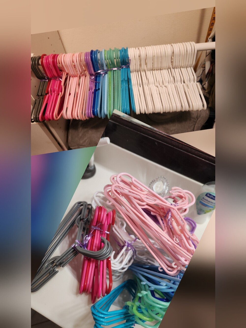 Lots of colorful plastic kids hangers